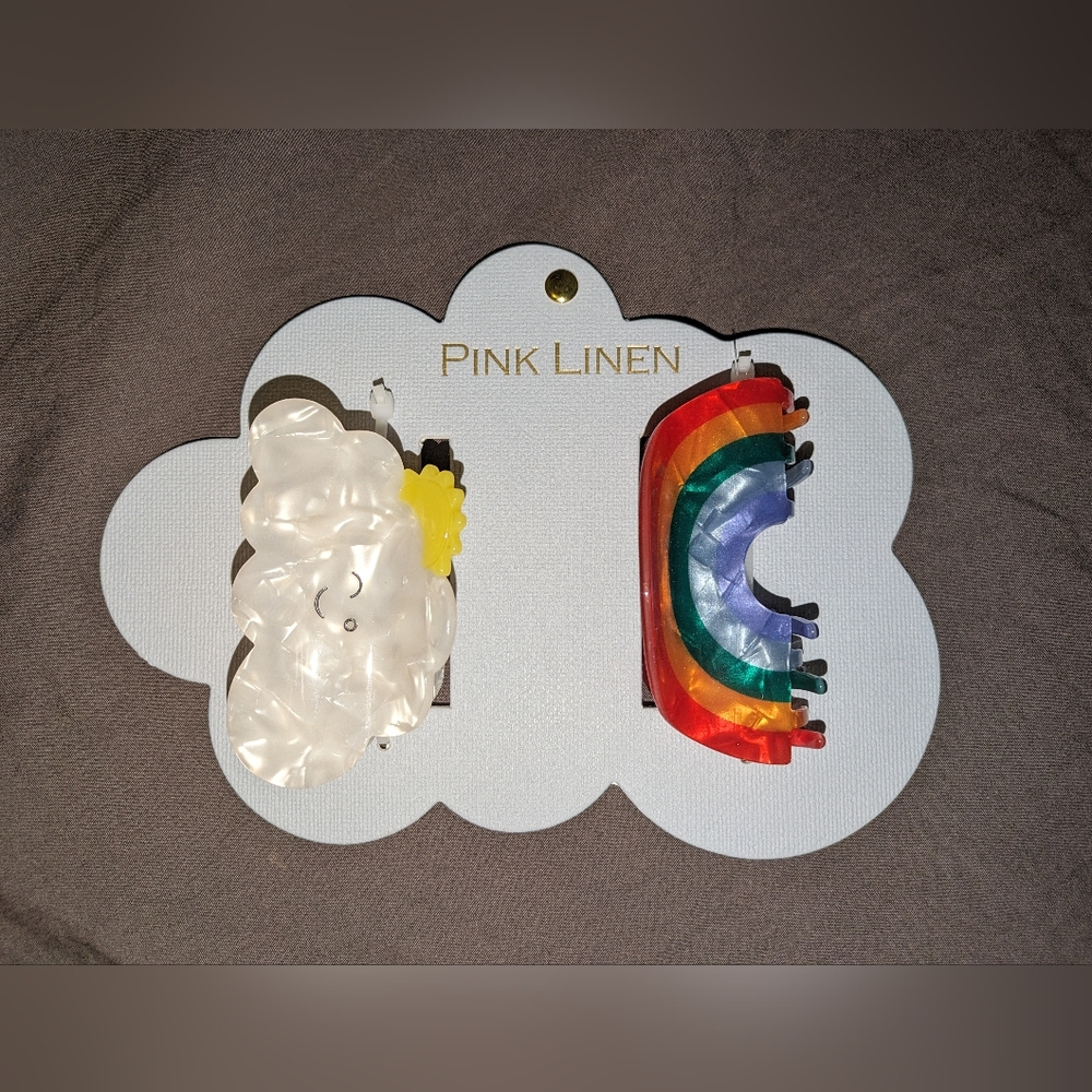 NWOT Set of 2 PINK LINEN Hair Claw Clips Smiley Cloud Rainbow